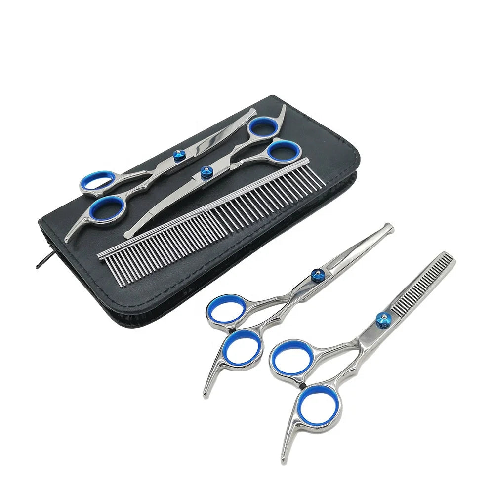 Professional Pet Dog Grooming Scissors Stainless Steel Curved Thinning and Straight Cutting Tool Set for Pet Hair Management
