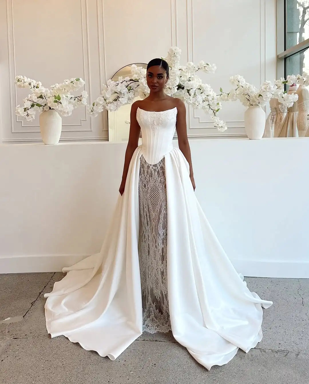 Ruolai IC001 New Satin Lace Wedding Dress High Neck Lace Long Sleeve Slimming Trail Bridal Gown