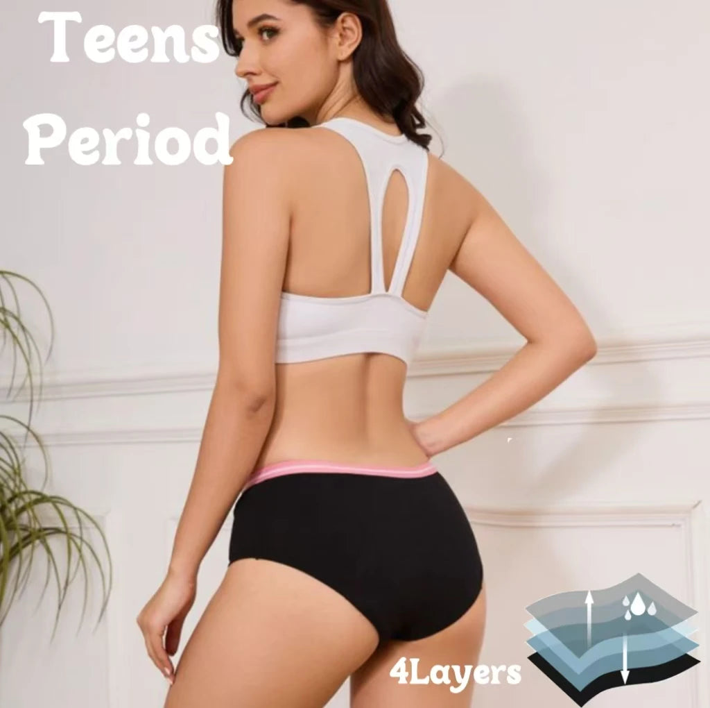 Teenager Girl Skin Friendly Cotton Thongs Black Menstrual Underwear 4 Layer Leakproof Period Panties with Pink Lovely Waistband