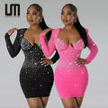 Liu Ming Fashionable 2024 Wholesale Women Y2K Sexy Diamonds Natural Waist Long Sleeve Skinny Mini Party Dress