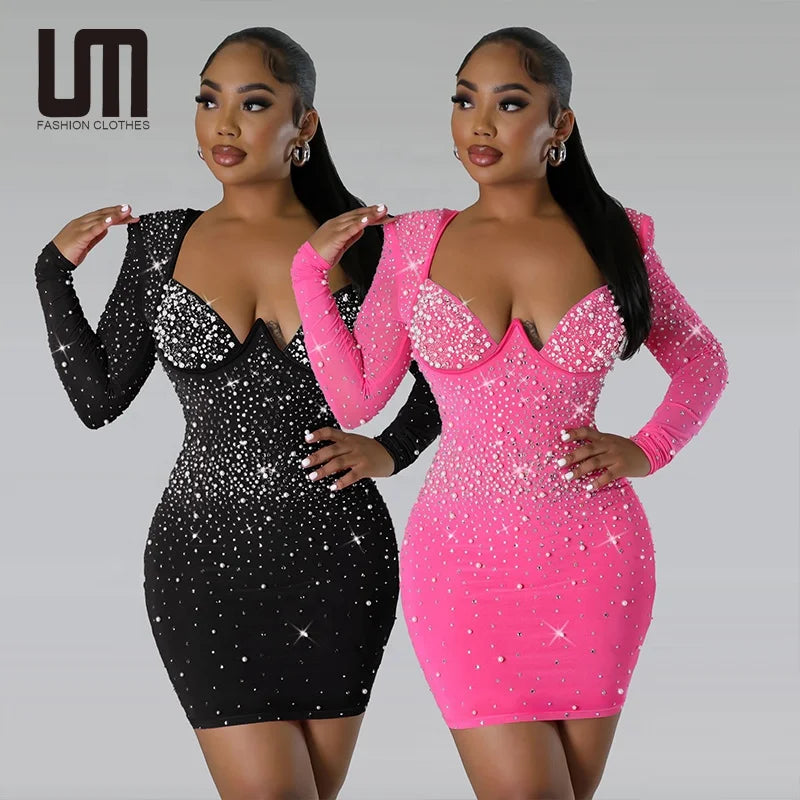 Liu Ming Fashionable 2024 Wholesale Women Y2K Sexy Diamonds Natural Waist Long Sleeve Skinny Mini Party Dress