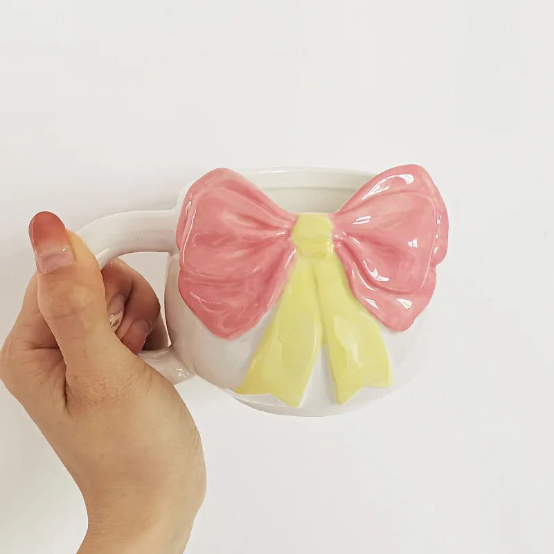 New Arrival Creative Hand Painted Embossed Bow Ceramic Mug Ins Nordic Christmas Bow Couple Ceramic Mug Milk Coffee Cup
