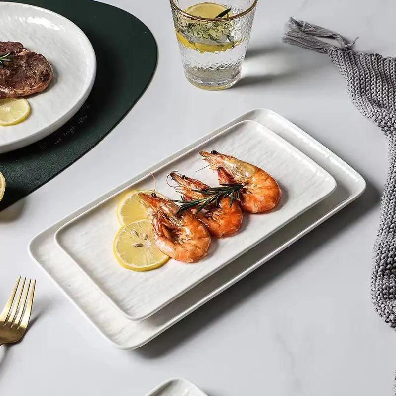 European Relief Pure White Ceramic Plate Family Rectangular Western Food Steak Plate Salad Bowl