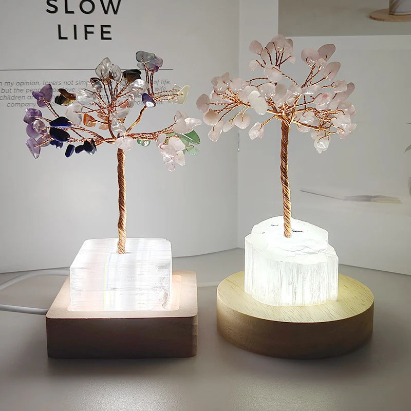 Natural Crystal Money Tree Chakra Irregular Selenite Trees Decor Sparkling Crystal Tree With LED Base Crystal Birthday Gift