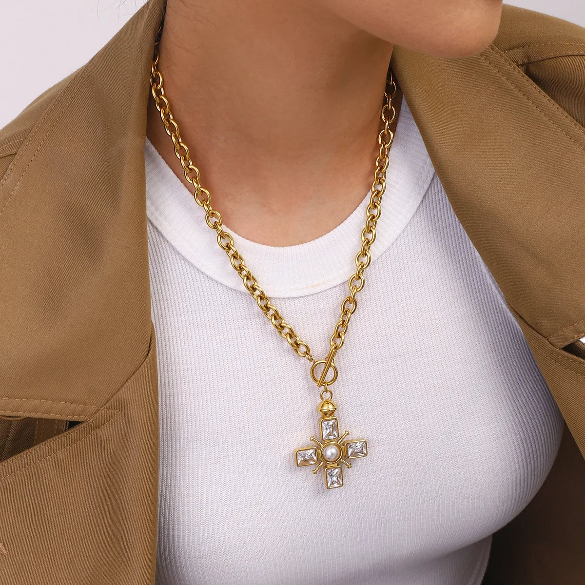 18k Gold Stainless Steel Purple White Zircon Pearl Cross Pendant Necklace Large Women Gothic Cross Pearl Necklace