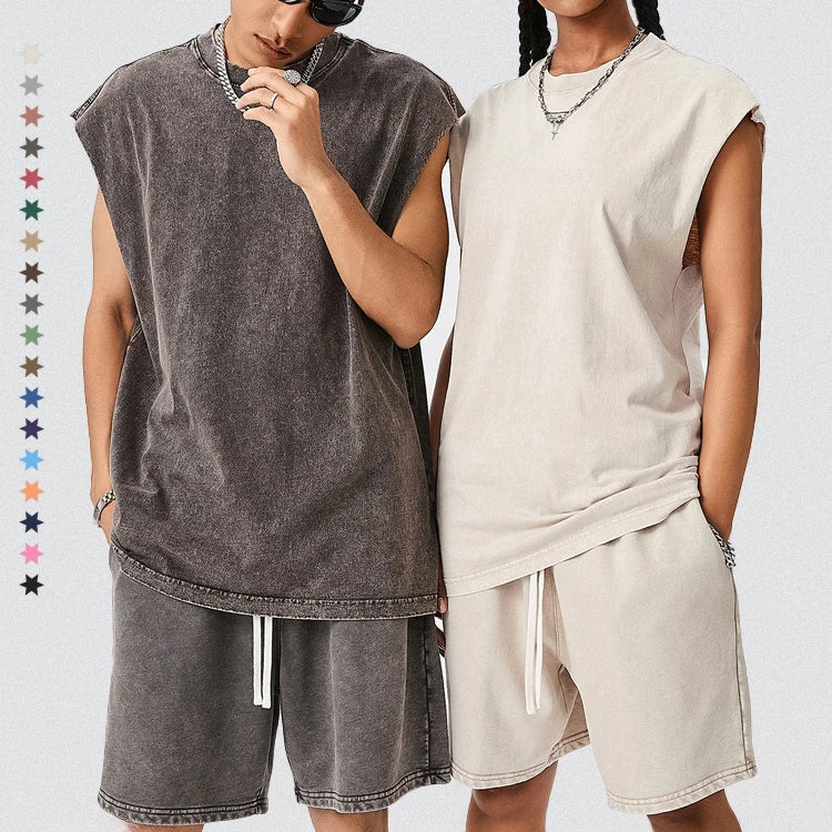 Wholesale Men's Summer Vintage 2-Piece T-Shirt and Shorts Set 100% Cotton Breathable Washed Oversize