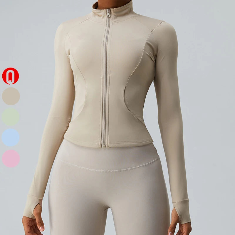 Custom Nude Slim Fit Yoga Jacket With Pocket Workout Stand Collar Full Zip Running Gym Fitness Athletic Jacket for Women