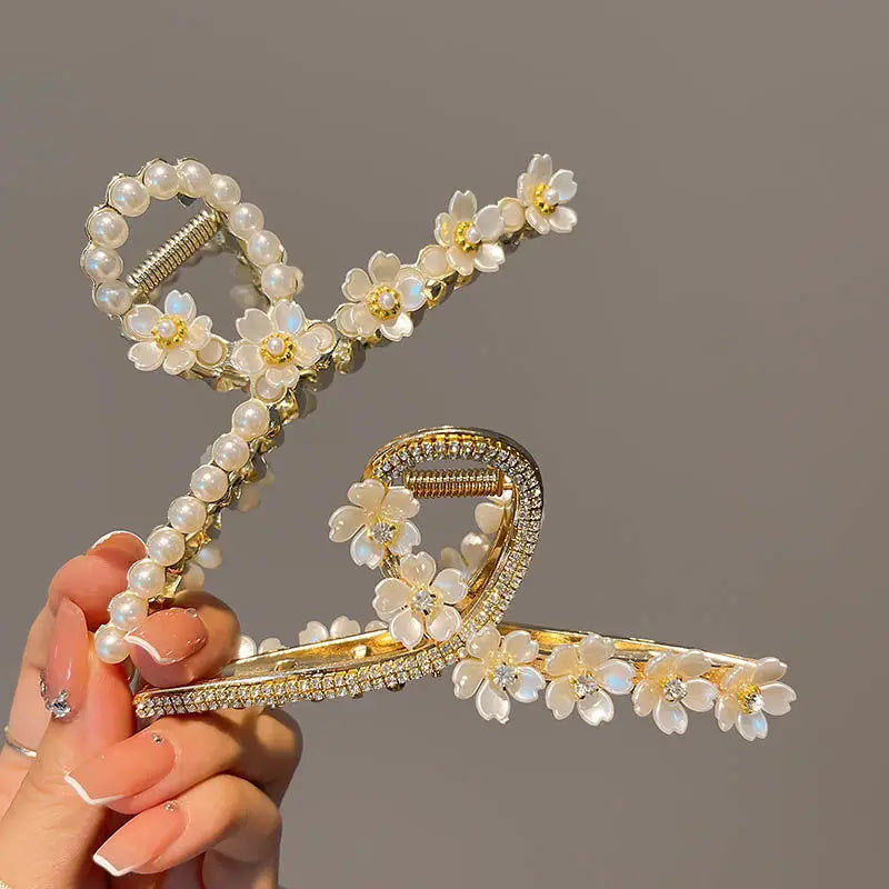 Hot Sale Pearl Rhinestone plum Hair Claw Women Alloy Shark Clip Accessories