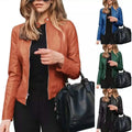 Women Autumn Winter Solid Color Stand Collar Faux Leather Zipper Slimming Coat Jacket Coat Women Coats Long Sleeve Basic Jackets