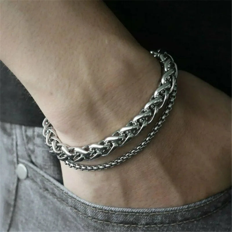 Hips Hop Personality 316l Stainless Steel Multilayer Chain Link Bracelet Titanium Steel Double Chain Bracelet for Men