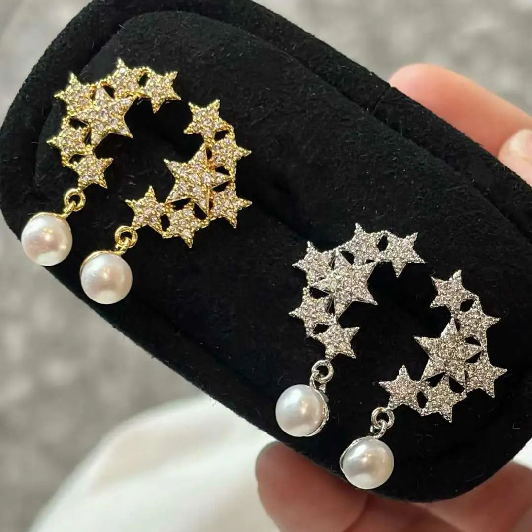 Brass 18K Gold Plated Drop Earrings Anti Allergic Design Full Diamond Star Freshwater Pearl Earrings Natural Genuine Pearl
