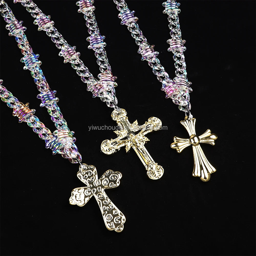 Punk Men's Jewelry Necklace Personalized Gold Plated Cross 3D Pendant Jesus Accessory Laser Barb Chain Acrylic Necklace