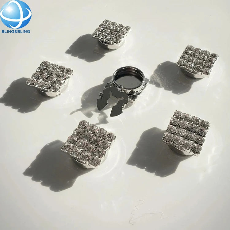 Glitter Silver Crystal Square Button Cover No Sew Clip on Button Covers for Women Shirt Cufflinks Decoration Accessories