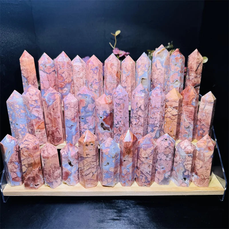 Natural Wholesale Price Crystal Pink Agate Tower Druzy Petal Agate Point   for Healing