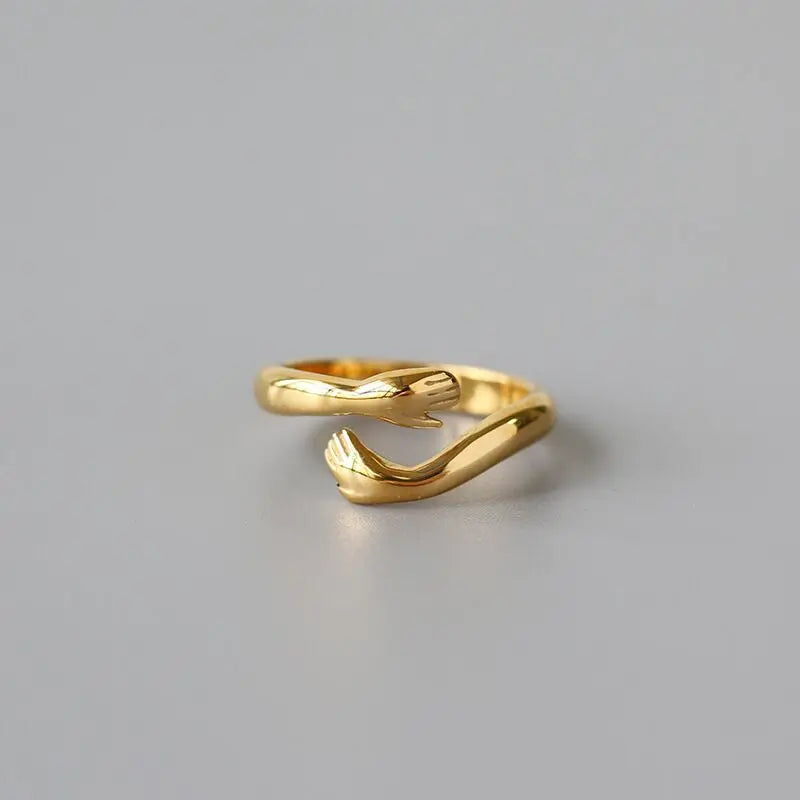 18K Gold Plated Stainless Steel Statement Ring Creative Cute Two Hands Open Hug Embrace Design Trendy Fashion Jewelry for Women