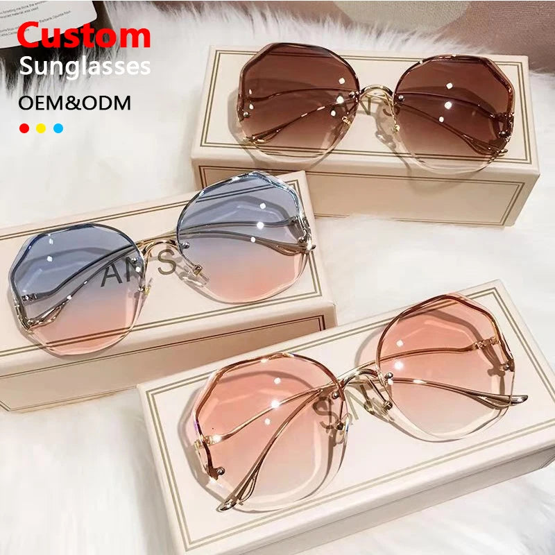Luxury Unisex Sunglasses From China Custom Designer Blue Metal Rimless Rimmed Lady Sun Glasses Shades Eyewear