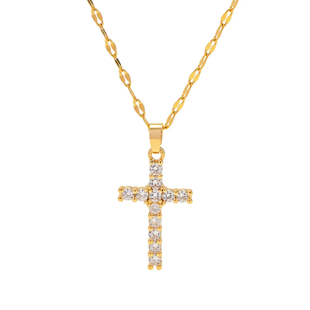 2023 New Popular Christian Cross Pendant Jewelry PVD Gold Plated Stainless Steel Zircon Pendant Stock Selling Wholesale Necklace