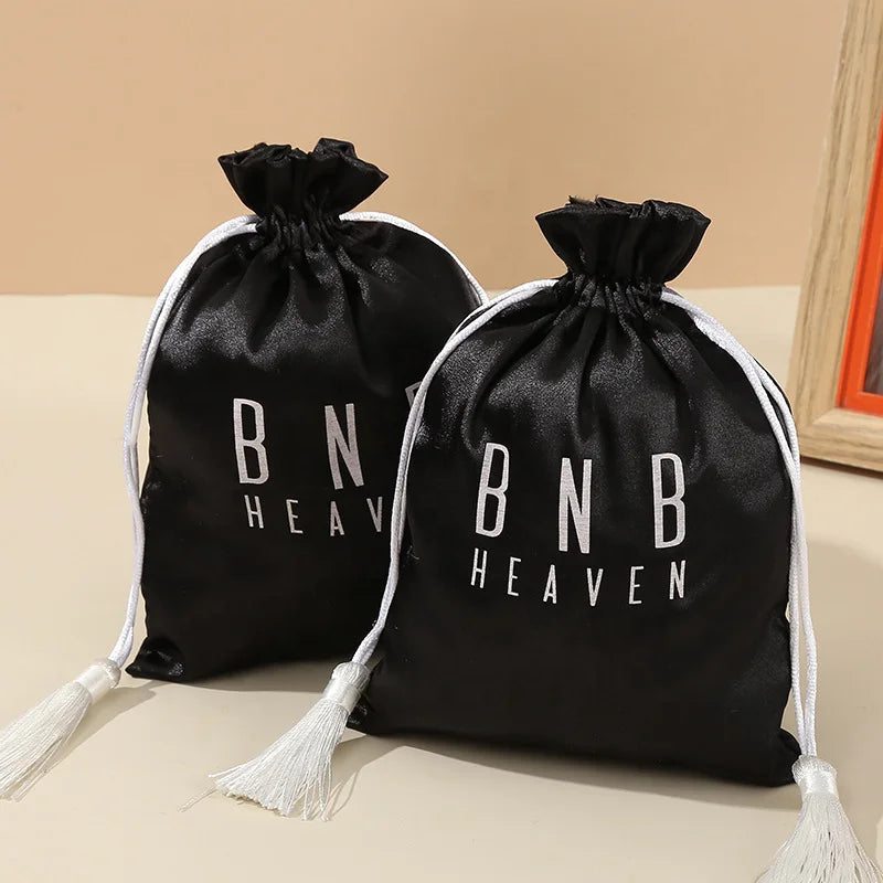 Custom Printed Organic Eco-friendly Water Resistant Drawstring Silk Satin Pouch Tassels Promotional Logo Print Luxury Packaging