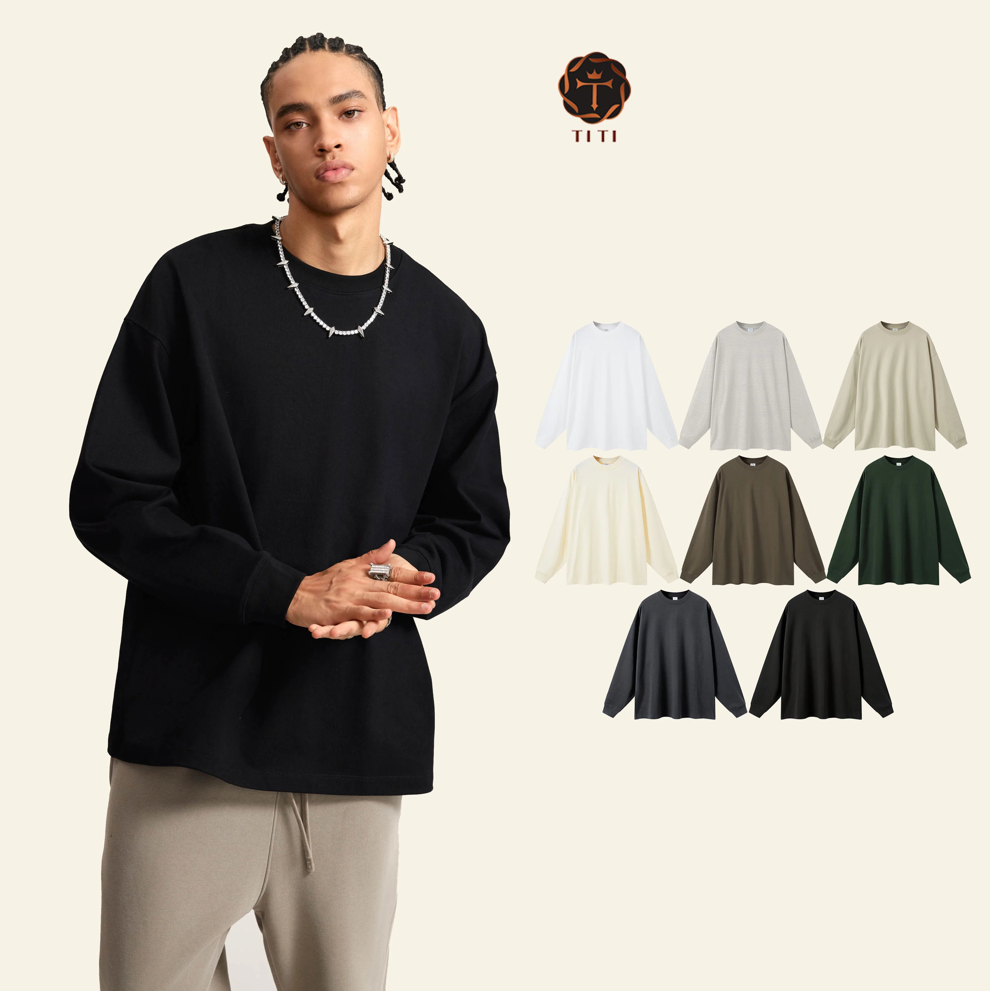 TT High Quality 425gsm 100%Cotton Luxury Long Sleeve t Shirt Man Blank Plain t Shirt Custom T-shirt Oversize Embroidered