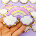 Iron on /Self Sticker Embroidered  Exquisite Gold Glitter Edge Macaron Color rainbow Cloud Patches for Clothes Bag Decoration
