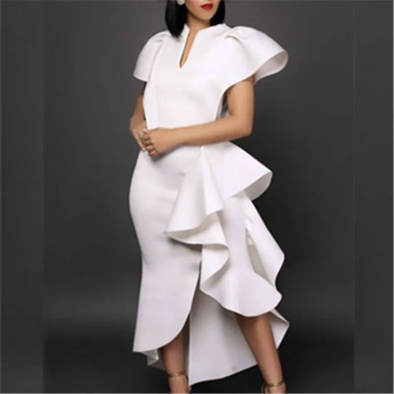 4XL Plus Size Women Club Fashion V-neck Puff Short Sleeves Slimming Knitted Ruffle Mermaid Long Dress