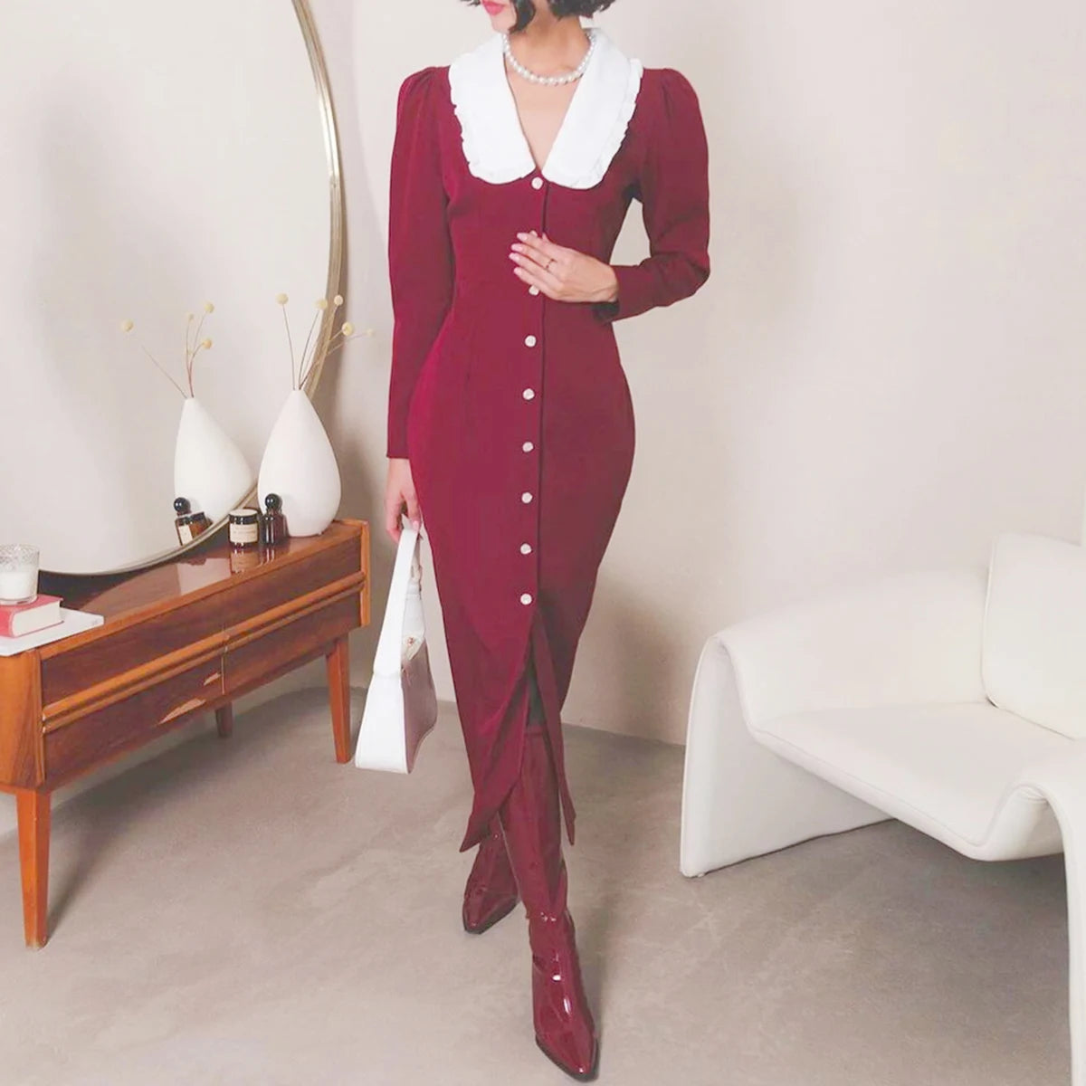 Enyami Casual Long Sleeve Lapels Elegant Design Career Dresses Suit Collar Single Breasted Ladies Office Women Dresses