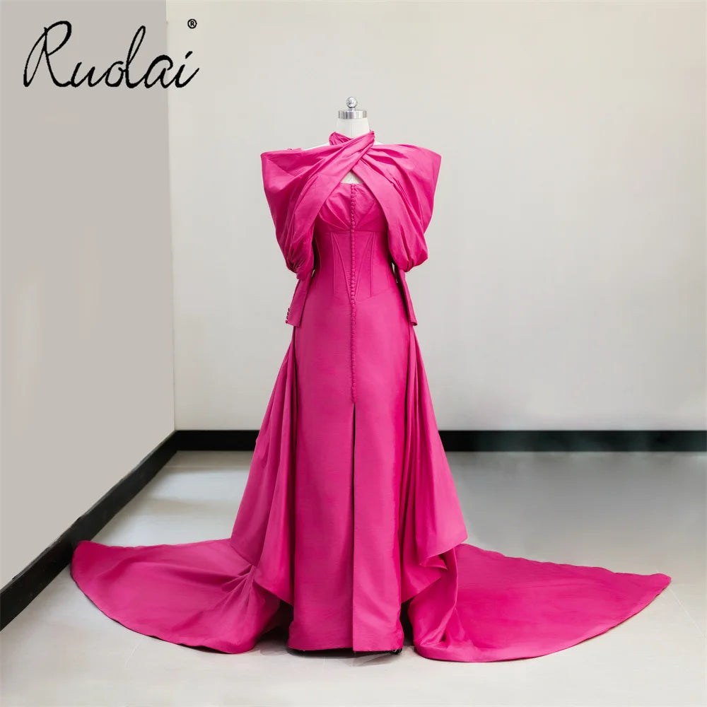 Ruolai LDC6768 Crisscross Neck Taffeta Fuchsia Elegant Long Party Dresses Designer Evening Gowns With Sleeves