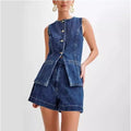 Summer Women's Denim Shorts Suit Sleeveless O-neck Single Breasted Split Top Vest High Waist Wide Leg Shorts 2024 Lady Sets