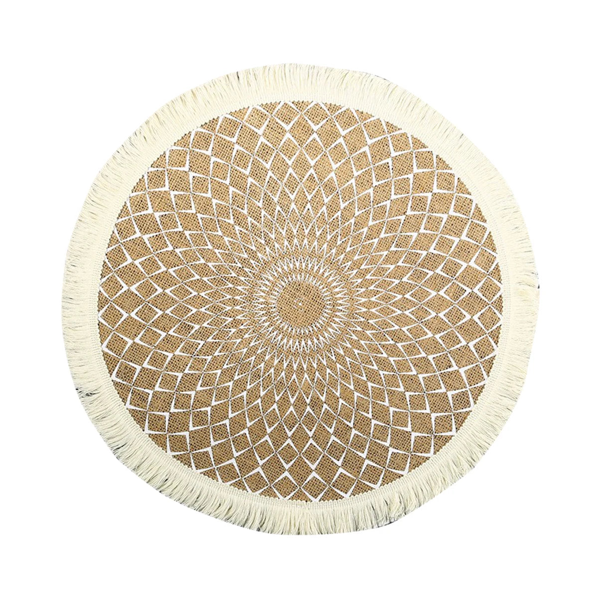 White Tassel Printed Geometric Design Home Insulation Mat Insulated Non-slip Boho Style Round Woven Placemat