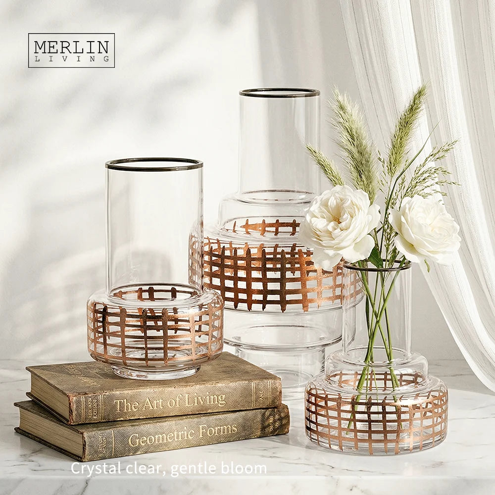 Merlin Living Nordic Boho Home Decor Crystal Vase Transparent Mesh Copper Amber Cylinder Donut Flower Bottle Hydroponic Glass