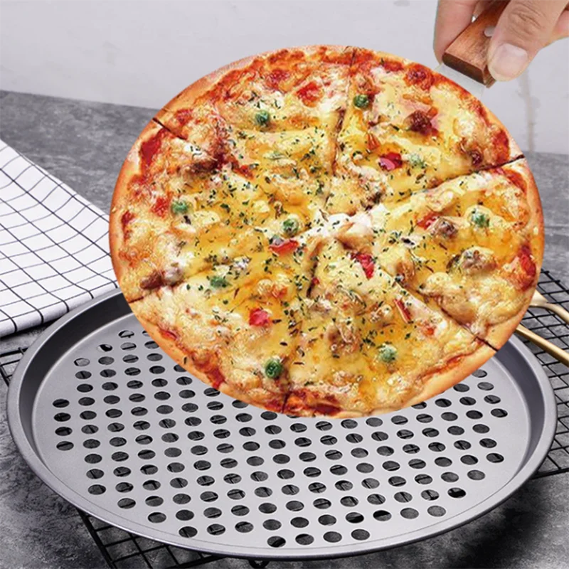 Round Carbon Steel Pizza Baking Pan Perforated Crisper Nonstick Feature Disposable Pizza Peel Handles Oven Safe Dishwasher Safe