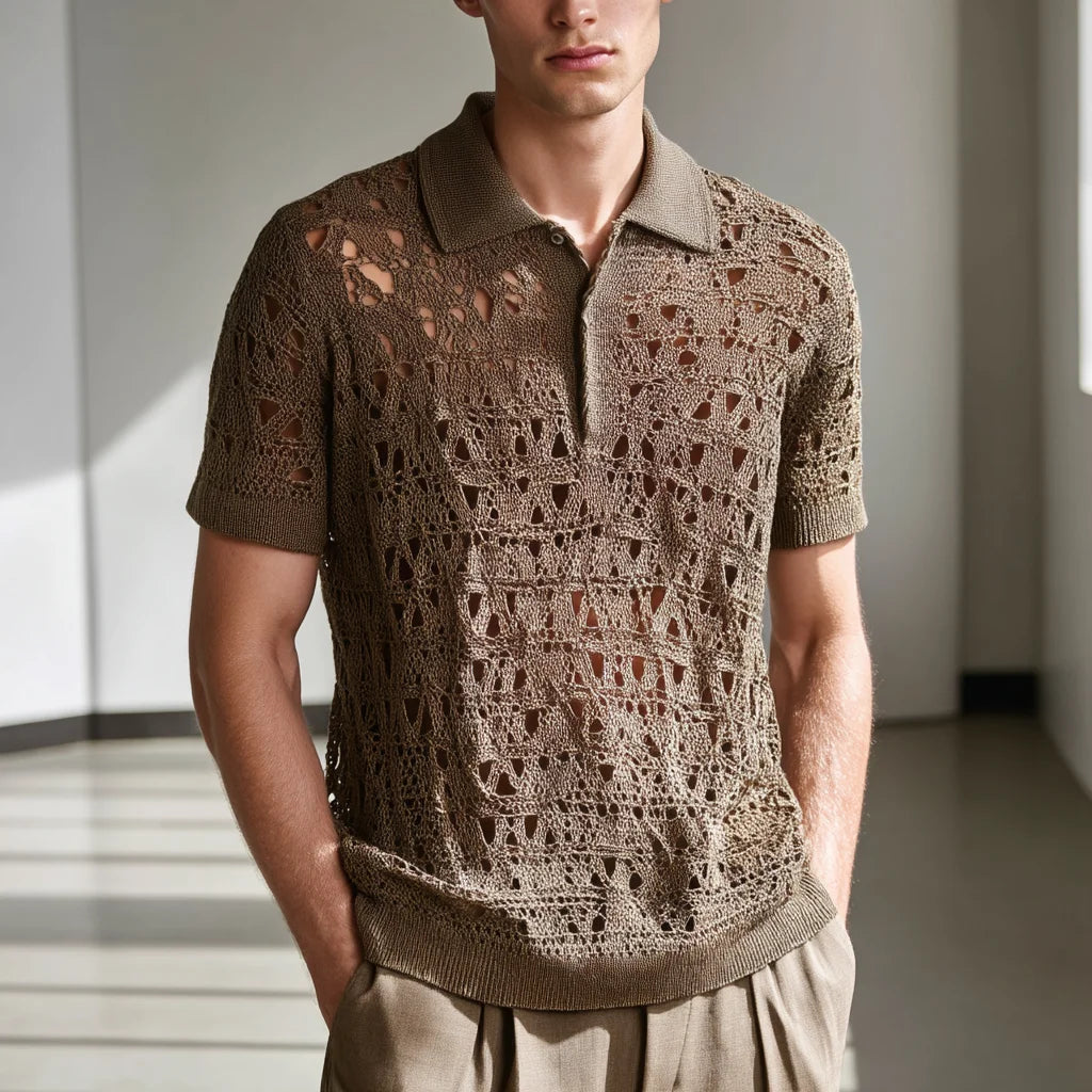 Men's Open-Knit Crochet Polo Sweater Short Sleeve Breathable Cotton Shirt for Summer