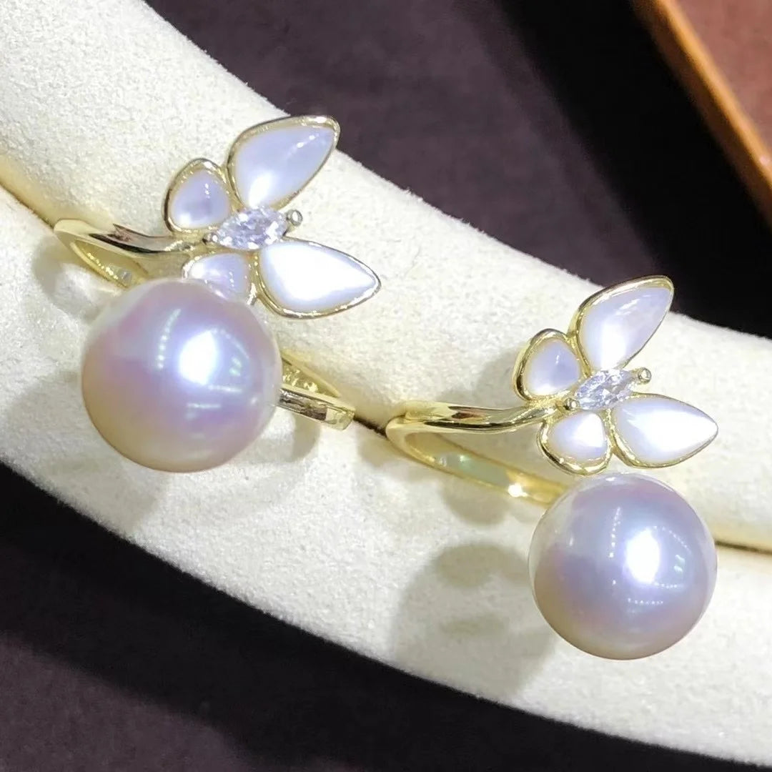 R703 9-10mm Natural Freshwater Pearl Ring Accessory 925 Sterling Silver Adjustable Size Engagement Jewelry Ring for Women