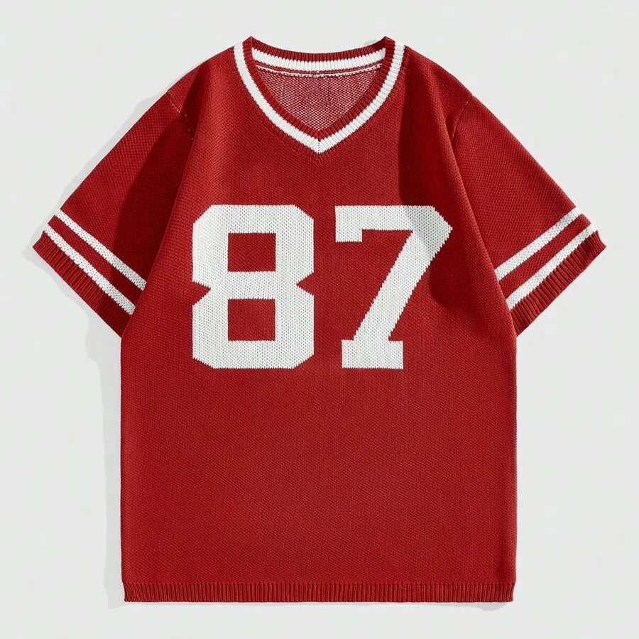 Custom Logo Breathable Jacquard Knit Pullover Top for Men 100% Cotton V-Neck Sweater Short Sleeve Jersey for Football Players