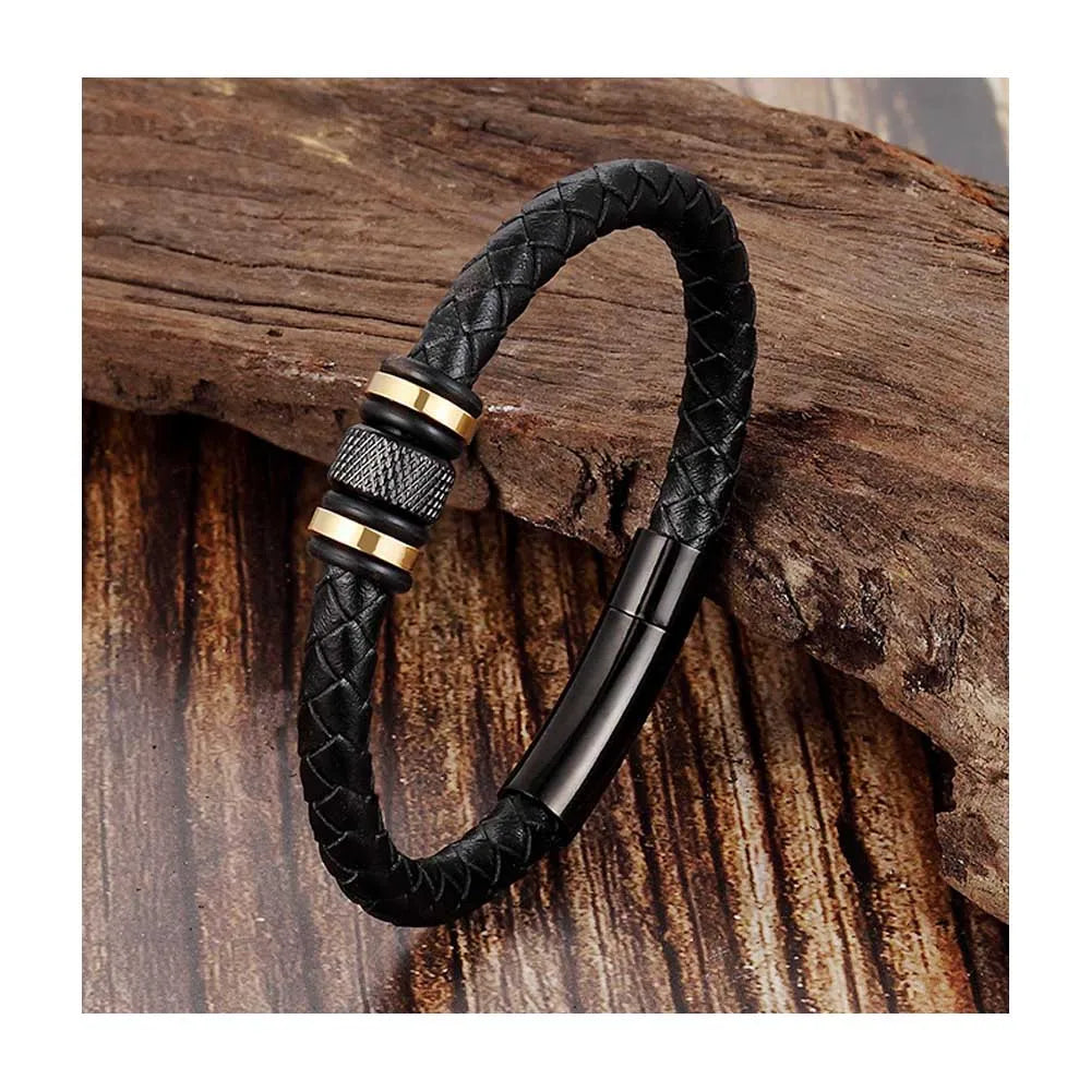 Retro Leather Bracelets Stainless Steel Magnetic Clasp Charm Single Layer Braided Genuine Leather Bracelet for Men OT-019