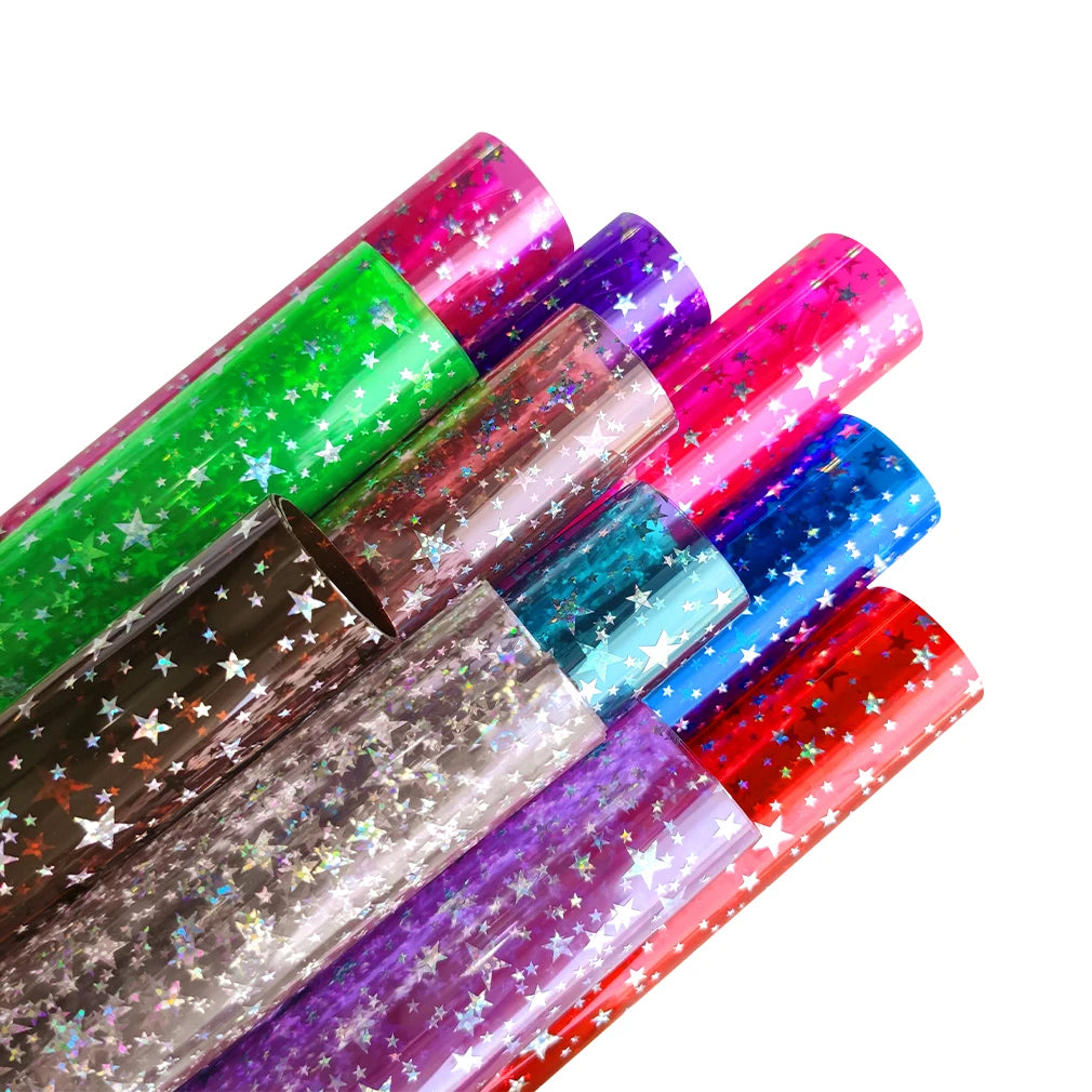 30*135cmSuper Clear Glitter Star PVC Leather Roll Transparent Star Printed Synthetic Leather 0.5mm for DIY Projects Sewing Craft