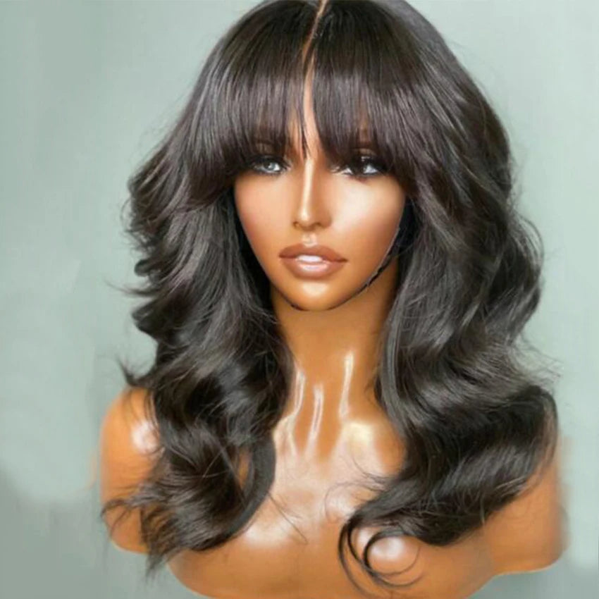 Brazilian Body Wave Lace Front Wig with Pre-Plucked Bangs Virgin Cuticle Aligned Black Women's Hair Virgin Human Hair Wigs