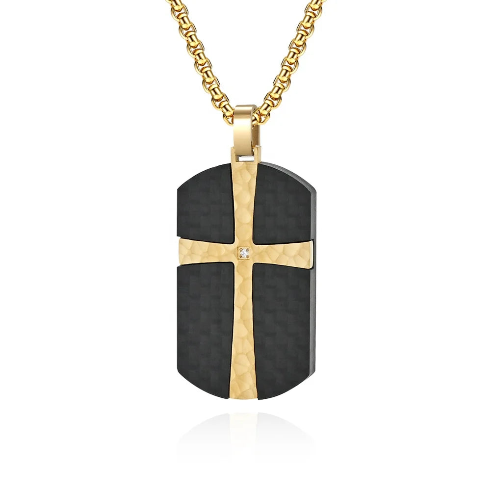 Best Selling Rhinestone Diamonds Cross Inlay Black Carbon Fiber Stainless Steel Simple Chain Necklace
