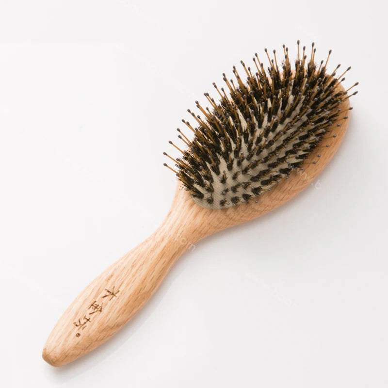Premium Wooden Boar Bristle Hair Brush Natural Soft Boar & Nylon Bristles Laser Logo on Wood Handle Scalp Massage & Shiny Hair