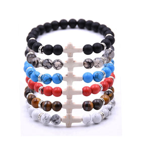 8MM Semi-Precious Gemstones Cross Bracelets Simple Stretch Bracelets Round Beaded Bracelets for Women Men Gift