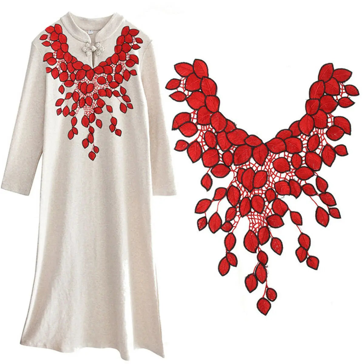 Vintage Large Red Flower Lace Embroidery Venise Neckline Motif Shirt Collar Patches Applique Lady