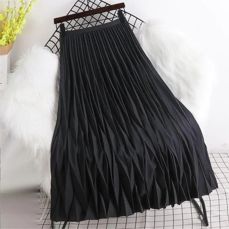 Summer New One Size Elastic Waist High Waist A-line Sagging Diamond Plaid Pleated Wave Pleated Half Dress