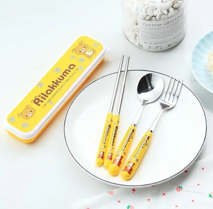 Portable Cartoon Stainless Steel Cutlery Set for Kids Includes Chopsticks Spoon Fork Utensils with Holder Disposable Feature