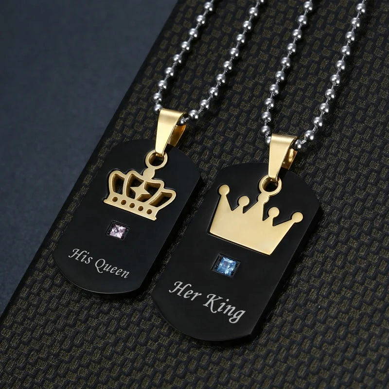 Valentines Stainless Steel Black Tags Gold Crown Couple Necklace Her King His Queen Pendant Necklace for Lovers