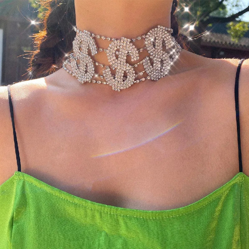 INS Exaggerated Harajuku Water Drill Dollar Sign Necklace Letter Hip-hop $$$ Symbol Punk Collarbone Chain Trendy Choker