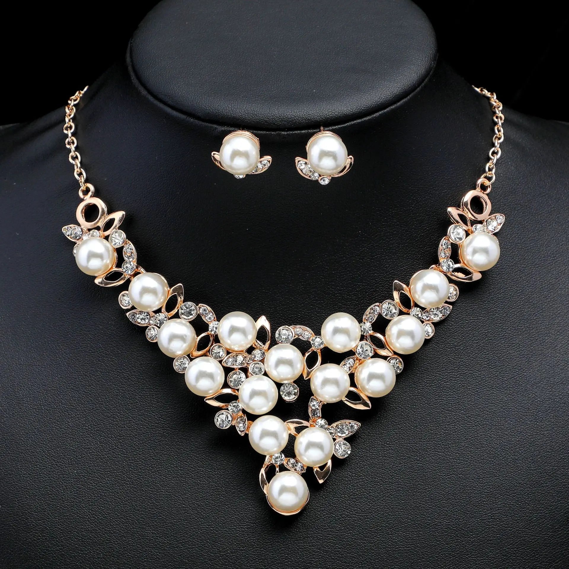 Luxury Girls Crystal Pearl Necklace Earrings Set Gold Wedding/Banquet Jewelry for Parties Engagements Valentine's Day Gift