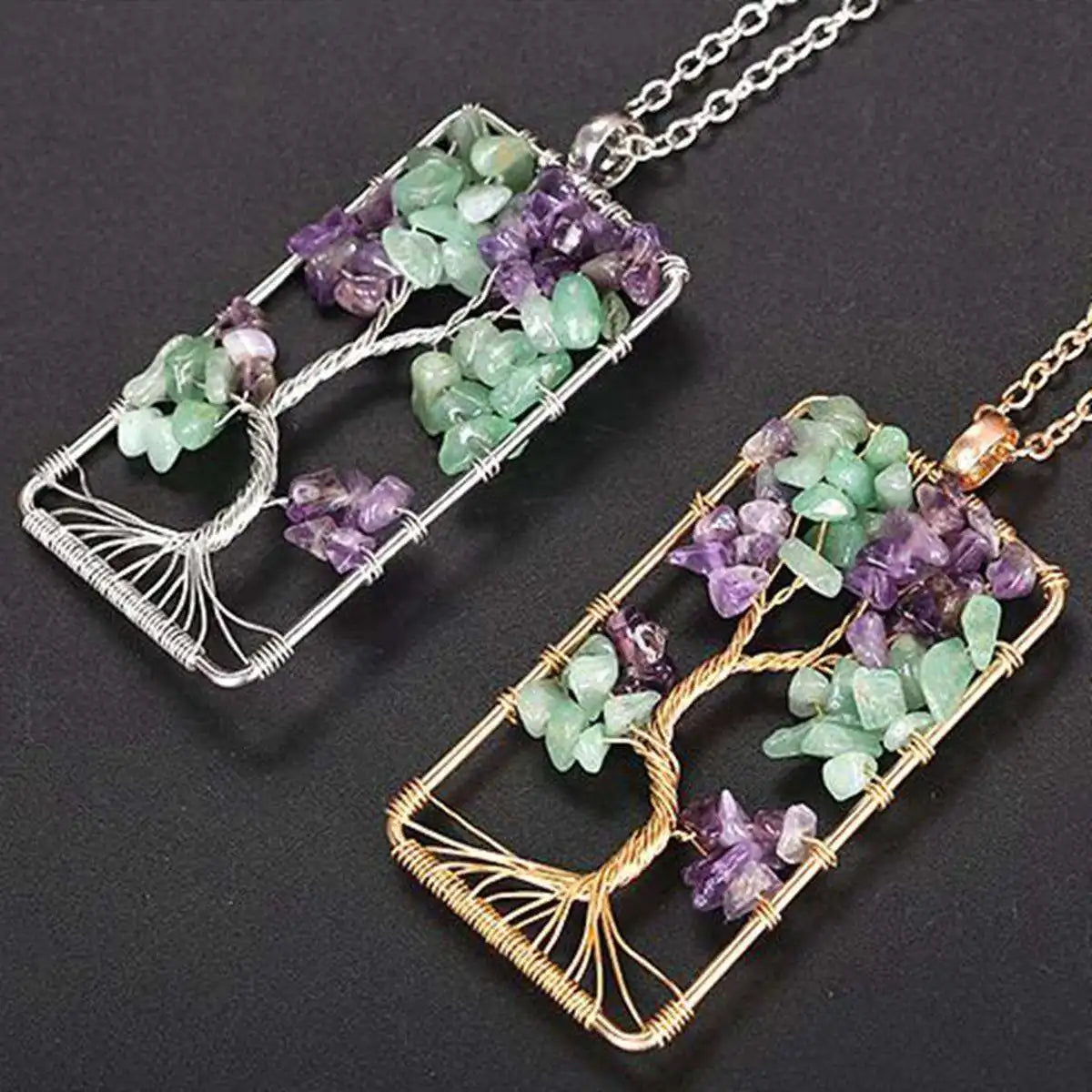 Life Tree Pendant Necklace Charms Gemstone Chakra Crystal Quartz Pendants Chakra Healing Charm for Women