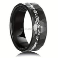 POYA 8mm Black & Silver Tungsten Carbide Ring Hammered with Meteorite Shavings Inlay  for Men's Engagement Wedding Band Gift