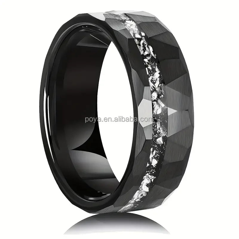 POYA 8mm Black & Silver Tungsten Carbide Ring Hammered with Meteorite Shavings Inlay  for Men's Engagement Wedding Band Gift