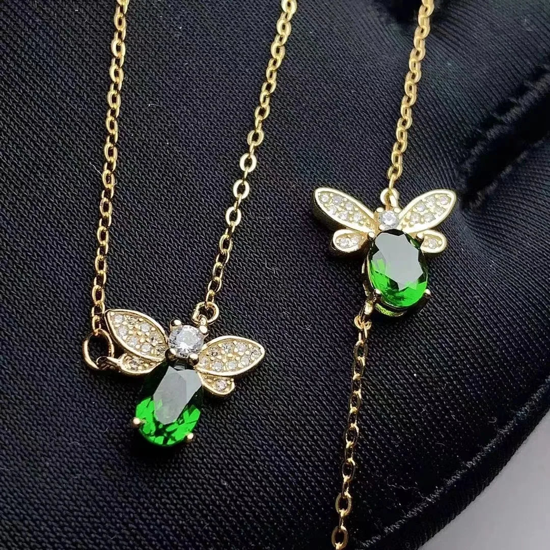New Design Handmade 925 Sterling Silver 18k Gold Plated Natural Diopside Butterfly Large Pendant Necklace